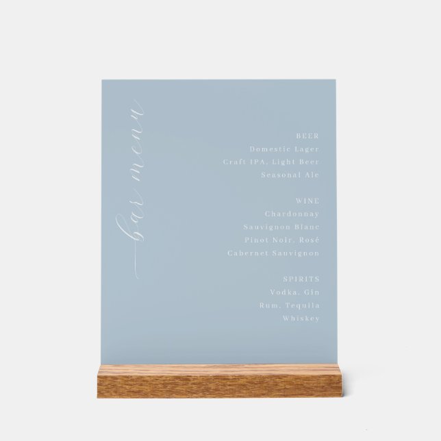 Sophisticated Blue Minimalist Bar Menu Acrylic Sign (Front)