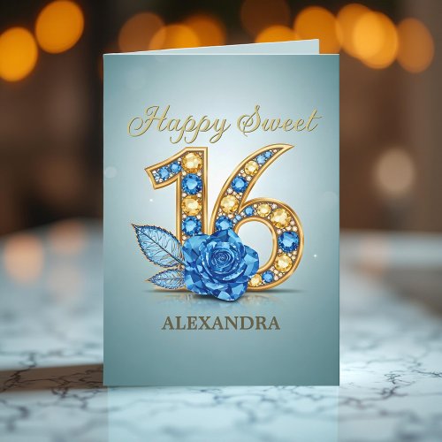 Sophisticated Blue Rose Gold Gemstone Sweet 16 Card