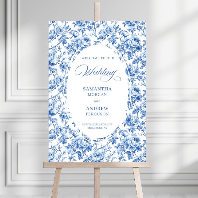 Sophisticated Blue Rose Pattern Toile Wedding Sign (Sophisticated Blue Rose Pattern Toile Wedding Poster)