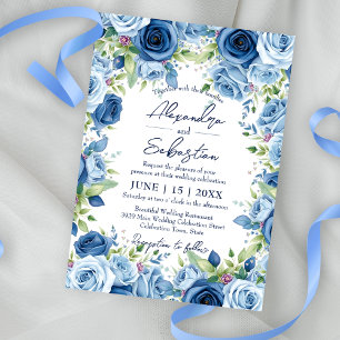 Sophisticated Blue Roses with Green Leaves Wedding Invitation