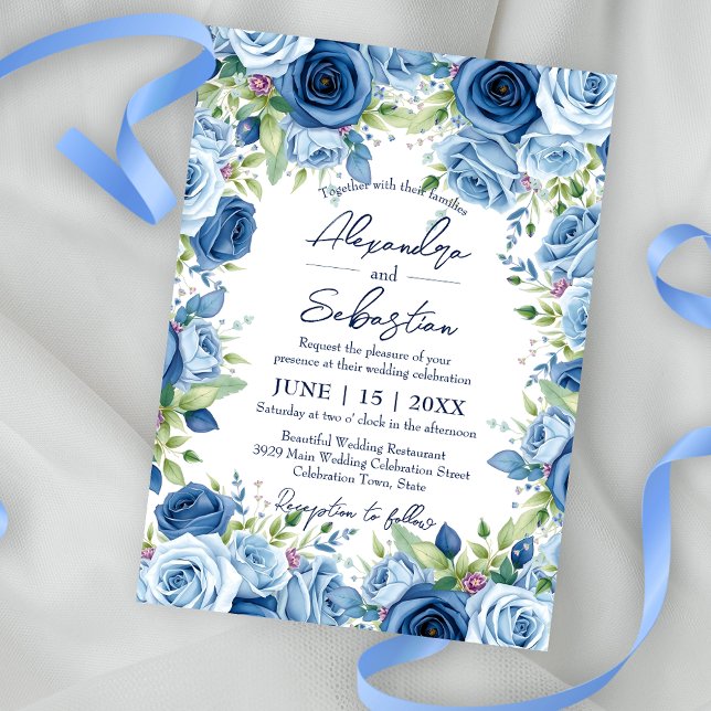 Sophisticated Blue Roses with Green Leaves Wedding Invitation (Creator Uploaded)