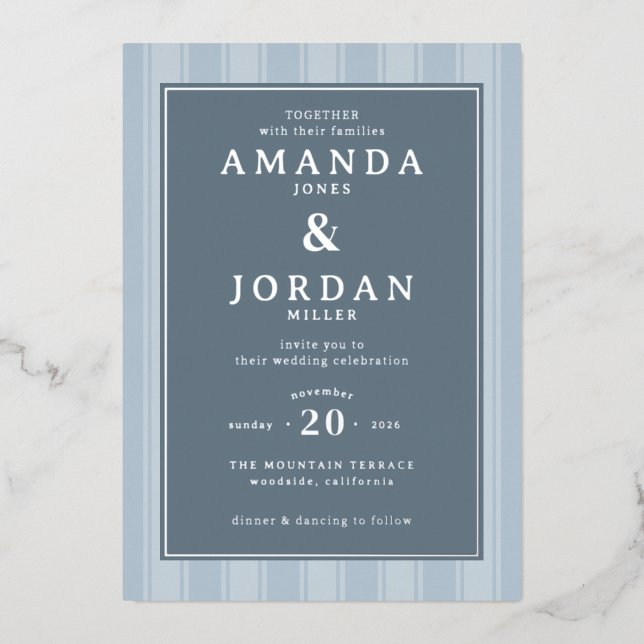 Sophisticated Blue Striped Wedding Invitation Foil Invitation (Front)