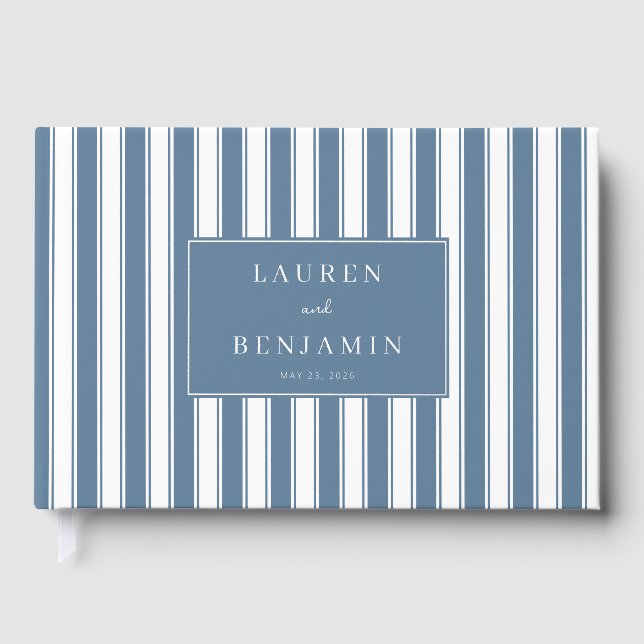 Sophisticated Blue Stripes Foil Guest Book (Front)