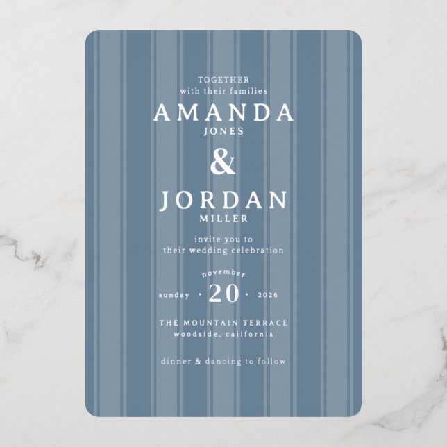 Sophisticated Blue Stripes Foil Invitation (Front)