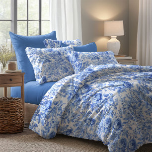 Sophisticated Blue Toile Roses Floral Duvet Cover