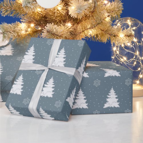 Sophisticated Blue  White Christmas Trees Pattern Wrapping Paper