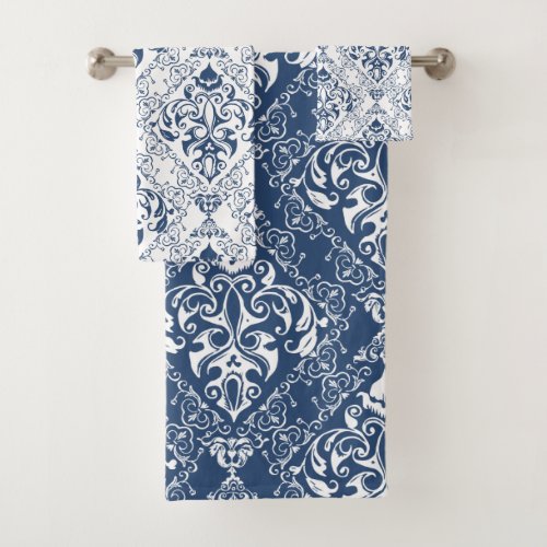 Sophisticated Blue White Vintage Damask Pattern Bath Towel Set