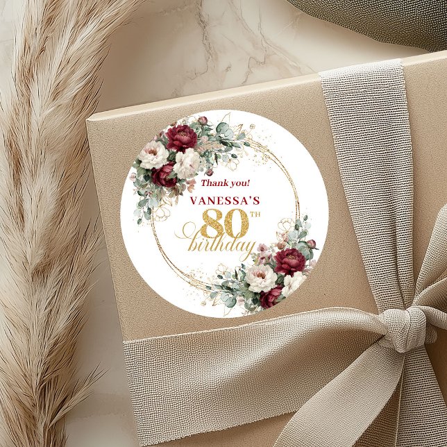 Sophisticated Blush Burgundy 80th Birthday Sticker (Sophisticated Blush Burgundy 80th Birthday Stickers)