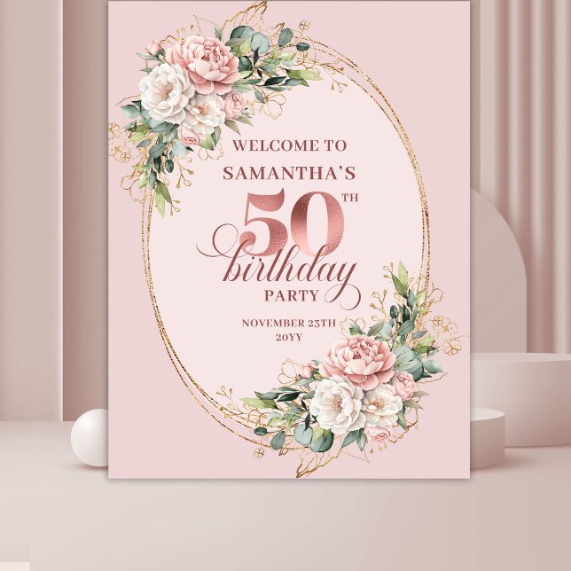 Sophisticated Blush Floral 50th Birthday Backdrop (Sophisticated Blush Floral 50th Birthday Backdrop)