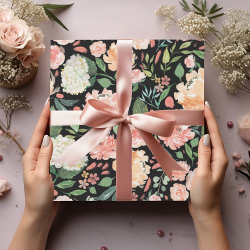 Sophisticated Blush Peach Watercolor Floral Black Wrapping Paper