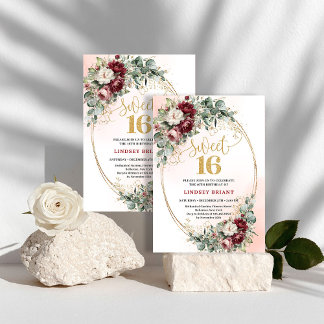 Sophisticated Bohemian Burgundy Floral Sweet 16  Invitation
