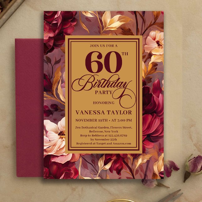 Sophisticated Boho 60th Birthday Maroon Blush Gold Invitation (Sophisticated 60th Birthday Maroon Blush Gold Invitation)