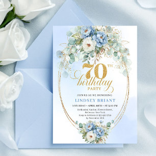 Sophisticated Boho Blue and Gold Floral 70th Bday Invitation