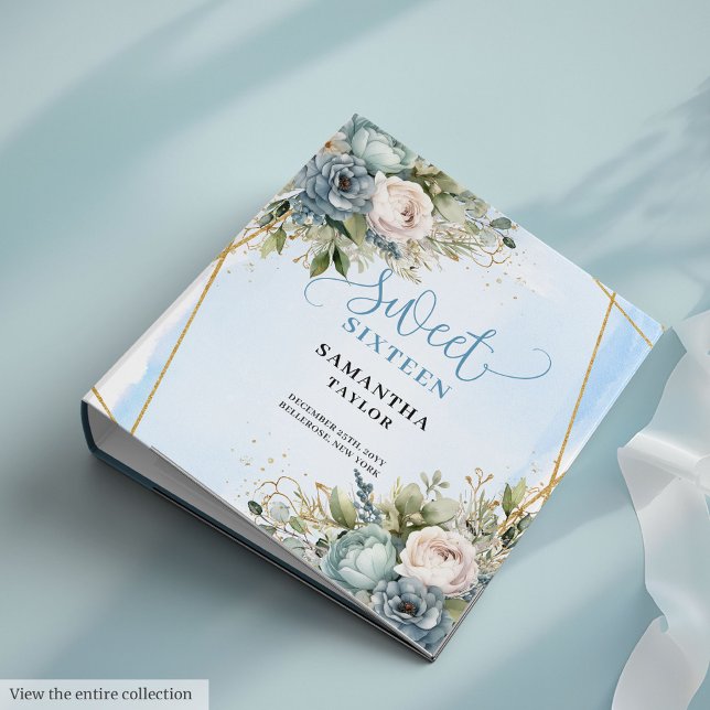 Sophisticated Boho Blue Eucalyptus Floral Sweet 16 3 Ring Binder (Sophisticated Boho Blue Eucalyptus Floral Sweet Sixteen)