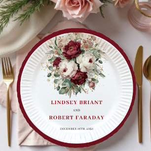 Sophisticated Boho Burgundy Floral Gold Plates