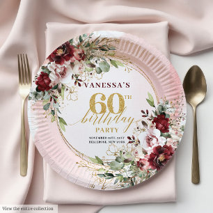 Sophisticated Boho Burgundy Gold Roses 60 Birthday Paper Plates