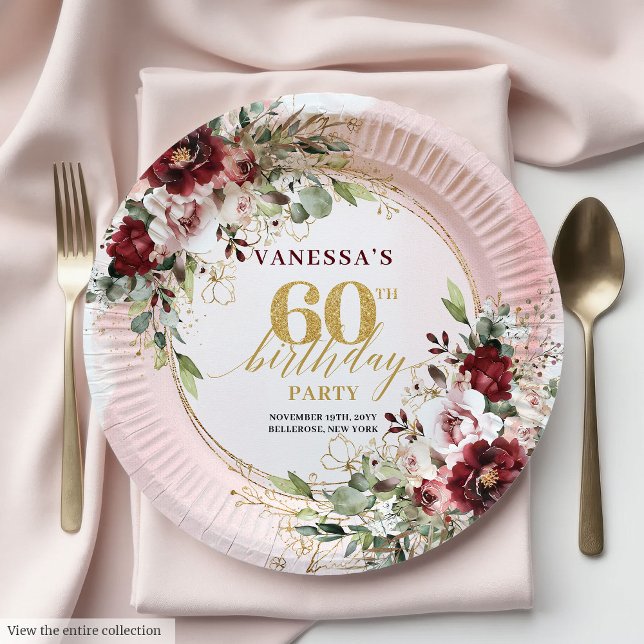 Sophisticated Boho Burgundy Gold Roses 60 Birthday Paper Plates (Sophisticated Boho Burgundy Gold Roses 60 Birthday Paper Plates)