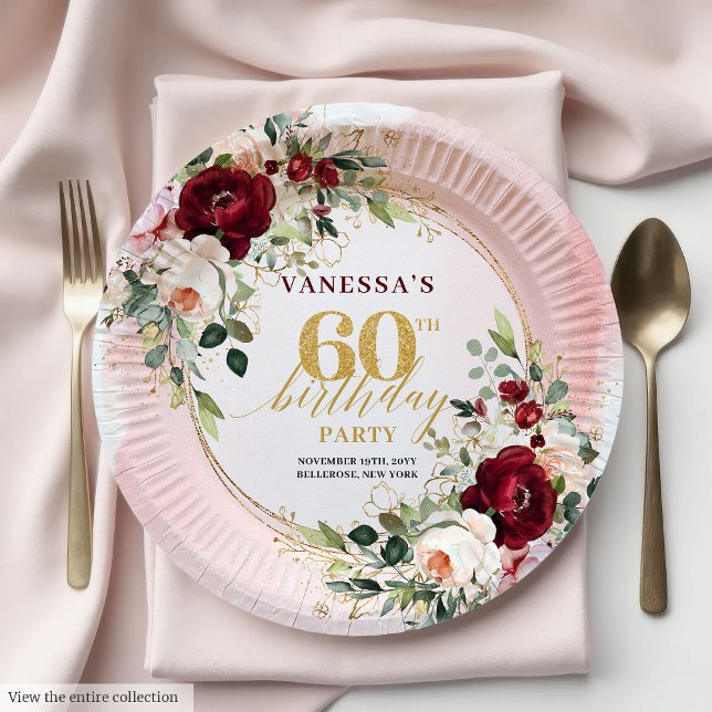 Sophisticated Boho Marsala Blush Gold Roses Plates (Sophisticated Boho Marsala Blush Gold Roses Plates

)
