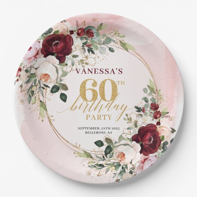 Sophisticated Boho Marsala Blush Gold Roses Plates (Front)