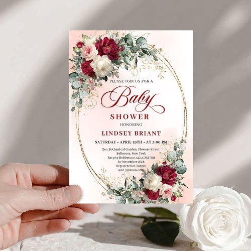 Sophisticated Boho Marsala Floral Gold Baby Shower