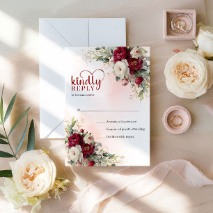 Sophisticated Boho Red White Floral Gold Wedding RSVP Card