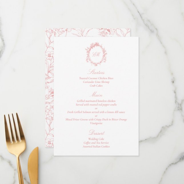 Sophisticated Botanical Pink Chinoiserie Wedding Menu (Front/Back In Situ)