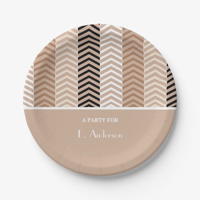 Sophisticated Brown Chevron Stripes With Name Paper Plates (Front)