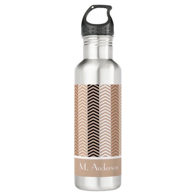 Sophisticated Brown Chevron Stripes With Name Water Bottle (Front)