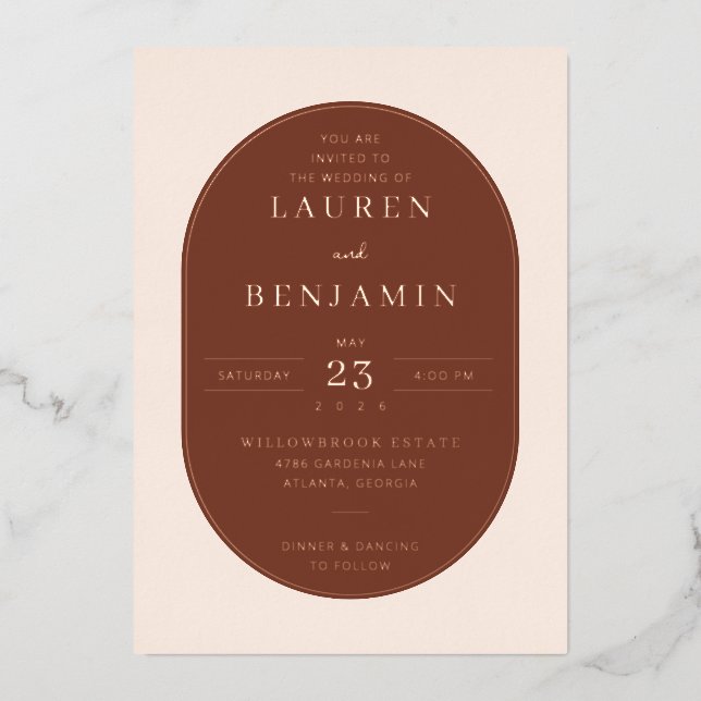 Sophisticated Brown Oval Wedding Invitation Foil Invitation (Front)