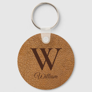 Sophisticated Brown Textured Leather Monogram  Keychain