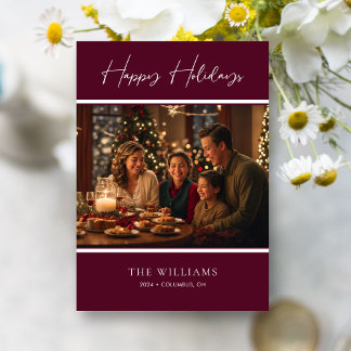 Sophisticated Burgundy Accented Personalized Photo Holiday Card