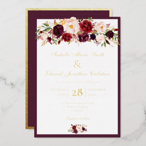 Sophisticated Burgundy  Blush Rose Bouquet Gold F Foil Invitation