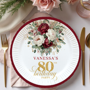 Sophisticated Burgundy Floral 80th Birthday Paper  Plates