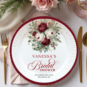 Sophisticated Burgundy Floral Bridal Shower Paper  Plates