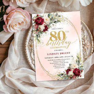 Sophisticated Burgundy Floral Frame 80th Birthday  Invitation
