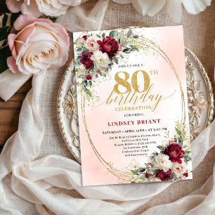 Sophisticated Burgundy Floral Gold 80th Birthday  Invitation