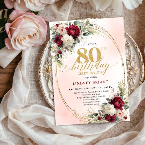 Sophisticated Burgundy Floral Gold 80th Birthday 