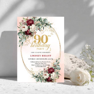 Sophisticated Burgundy Floral Gold 90th Birthday Invitation