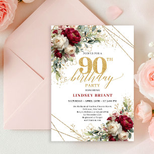 Sophisticated Burgundy Floral Gold 90th Birthday Invitation