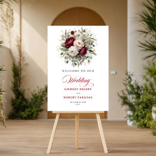 Sophisticated Burgundy Floral Gold Welcome Poster