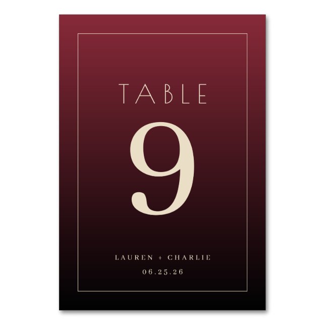 Sophisticated Burgundy Serif Wedding Table Card (Front)