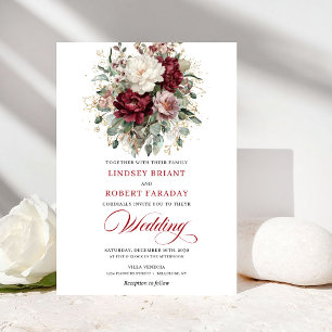 Sophisticated Burgundy White Floral Gold Wedding Invitation