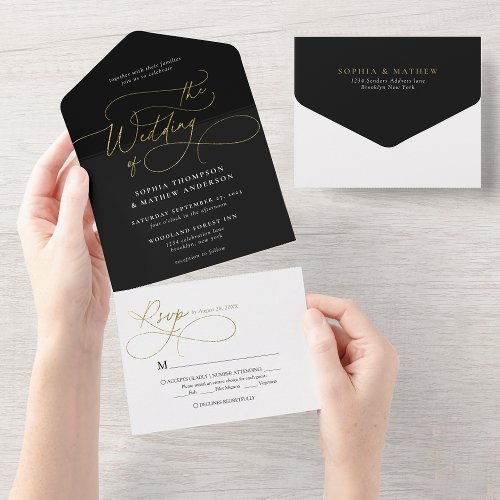 Sophisticated Calligraphy Black Gold White Wedding All In One Invitation