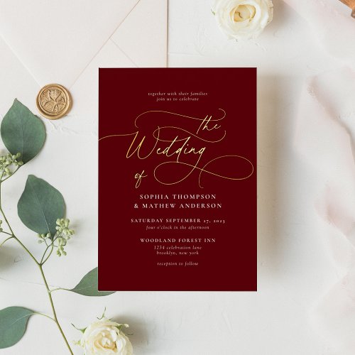 Sophisticated Calligraphy Burgundy Gold Wedding Foil Invitation