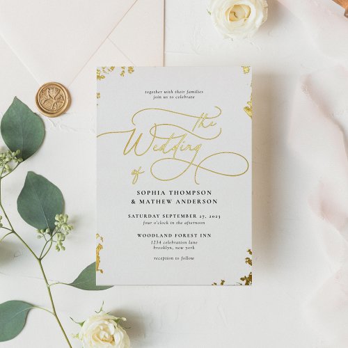 Sophisticated Calligraphy Ivory White Gold Wedding Foil Invitation