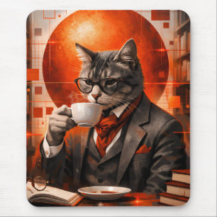 Sophisticated Cat Drinking Coffee Mousepad