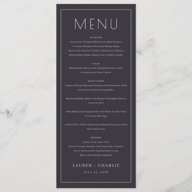 Sophisticated Charcoal Formal Menu (Front)