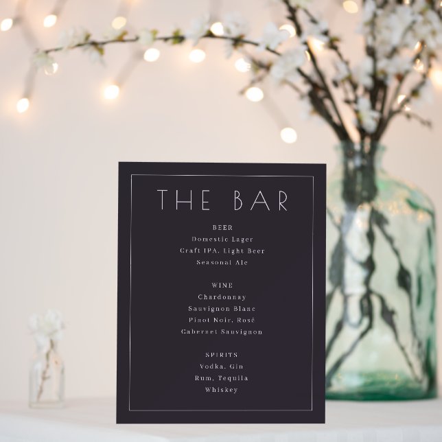 Sophisticated Charcoal Minimalist Bar Menu Foam Board (In Situ (Wedding))