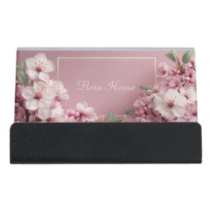 Sophisticated Cherry Blossom Pink & Sage Desk Business Card Holder