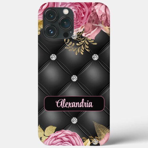 Sophisticated Chic Floral on Black 3D Effect Name iPhone 13 Pro Max Case